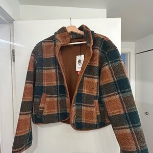 Cider Brown Plaid Sherpa Zip Jacket